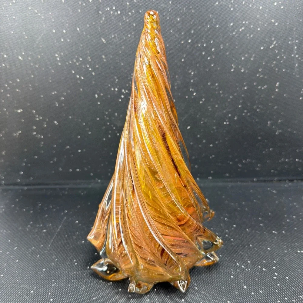 Pier 1 Art Glass Christmas Tree Figurine Amber Copper Glitter 8inch Paperweight